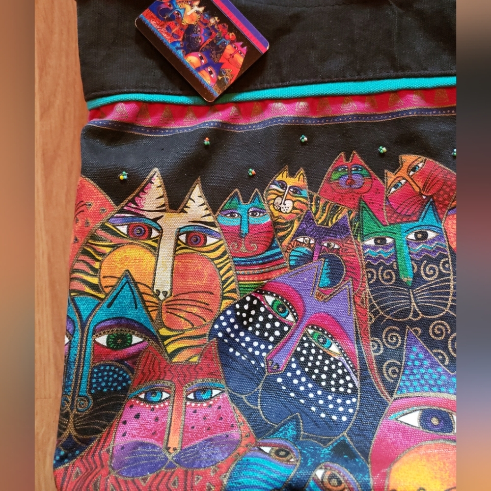 Laurel Burch Colorful Cat Print Tote Handbag Shoulder Bag